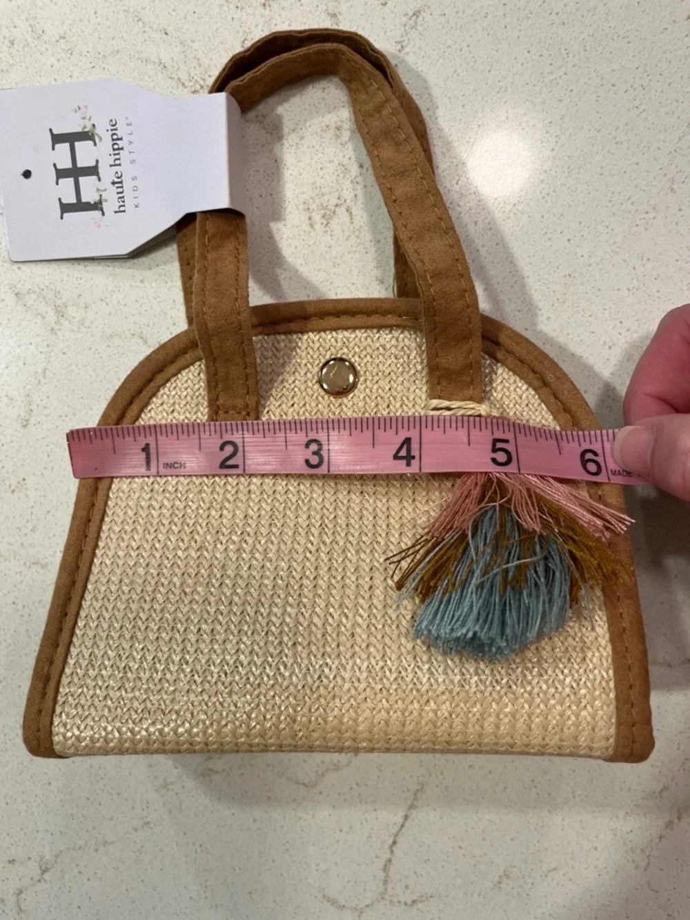 Haute Hippie Straw Mini Tote with Tan Trim and Blue Pink Tassel